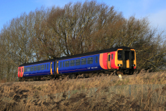 East Midlands Regional train 156408 near Whittlesey town, Fenland, Cambridgeshire, England