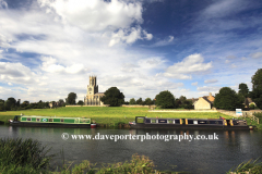 Narrowboats, St Mary church, river Nene, Fotheringhay