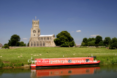 Narrowboat, St Marys Church, river Nene, Fotheringhay