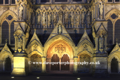 Exterior of the 13th Century Salisbury Cathedral at night, Salisbury City, Wiltshire County, England, UK