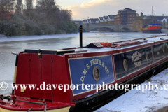 frozen river Nene and narrowboat, Peterborough