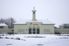 Winter snow on the Lido swimming pool, Peterborough