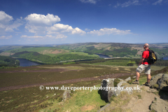 Walker on Win Hill overlooking Ladybower reservoir