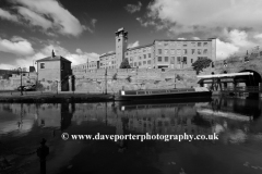 The Grocers Warehouse Ruins and Bridgewater Canal, Castlefield, Manchester, Lancashire, England, UK