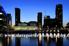 Nightime view over the Media City, Salford Quays, Manchester, Lancashire, England, UK