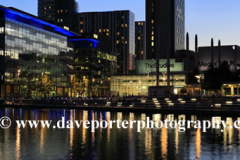 Nightime view over the Media City, Salford Quays, Manchester, Lancashire, England, UK