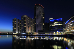 Nightime view over the Media City, Salford Quays, Manchester, Lancashire, England, UK