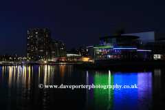 Nightime view over the Media City, Salford Quays, Manchester, Lancashire, England, UK