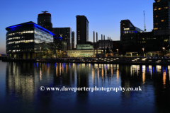 Nightime view over the Media City, Salford Quays, Manchester, Lancashire, England, UK