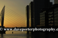 Sunset over the Media City Footbridge, Salford Quays, Manchester, Lancashire, England, UK