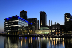 Nightime view over the Media City, Salford Quays, Manchester, Lancashire, England, UK