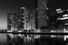 Nightime view over the Media City, Salford Quays, Manchester, Lancashire, England, UK