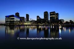 Nightime view over the Media City, Salford Quays, Manchester, Lancashire, England, UK