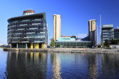 View over the Media City, Salford Quays, Manchester, Lancashire, England, UK