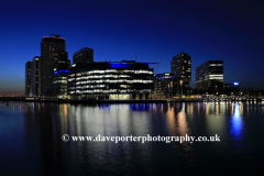 Nightime view over the Media City, Salford Quays, Manchester, Lancashire, England, UK