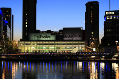 Nightime view over the Media City, Salford Quays, Manchester, Lancashire, England, UK