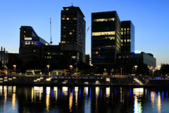 Nightime view over the Media City, Salford Quays, Manchester, Lancashire, England, UK