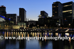 Nightime view over the Media City, Salford Quays, Manchester, Lancashire, England, UK