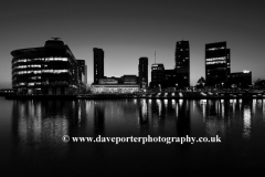 Nightime view over the Media City, Salford Quays, Manchester, Lancashire, England, UK