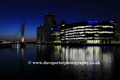 Nightime view over the Media City, Salford Quays, Manchester, Lancashire, England, UK