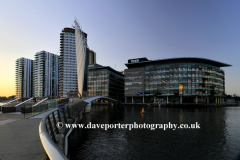 Nightime view over the Media City, Salford Quays, Manchester, Lancashire, England, UK