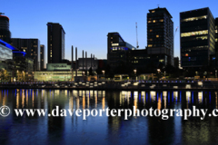 Nightime view over the Media City, Salford Quays, Manchester, Lancashire, England, UK