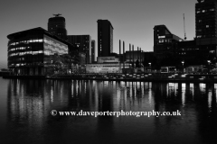 Nightime view over the Media City, Salford Quays, Manchester, Lancashire, England, UK