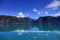 Reflections of mountains in Hardangerfjord Fjord