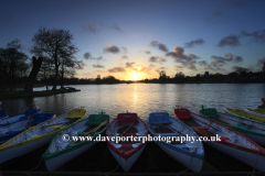 Sunset over rowing boats, the mere, Thorpeness village